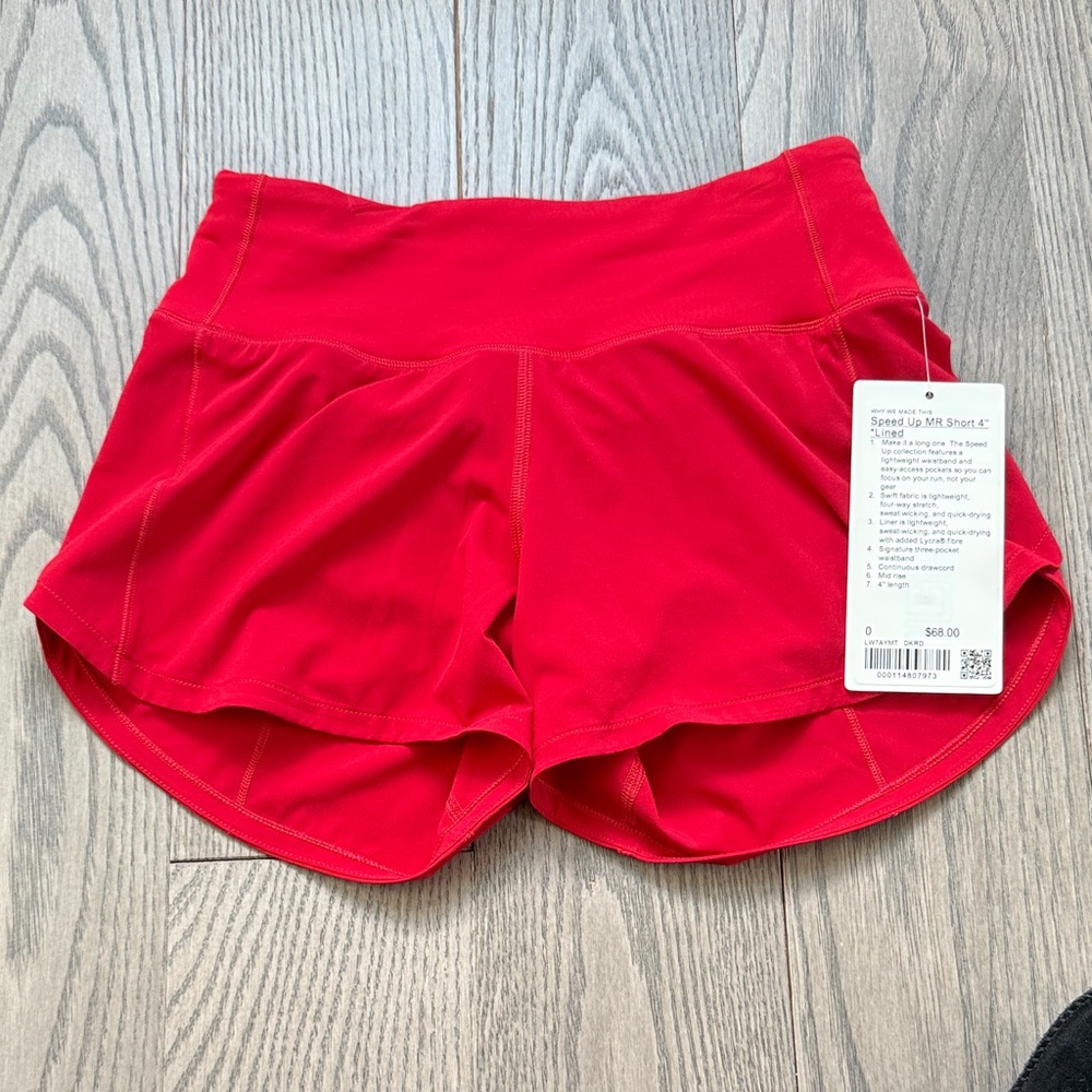 Lululemon Speed Up Mid-Rise Shorts 4” Red Size 0 NWT